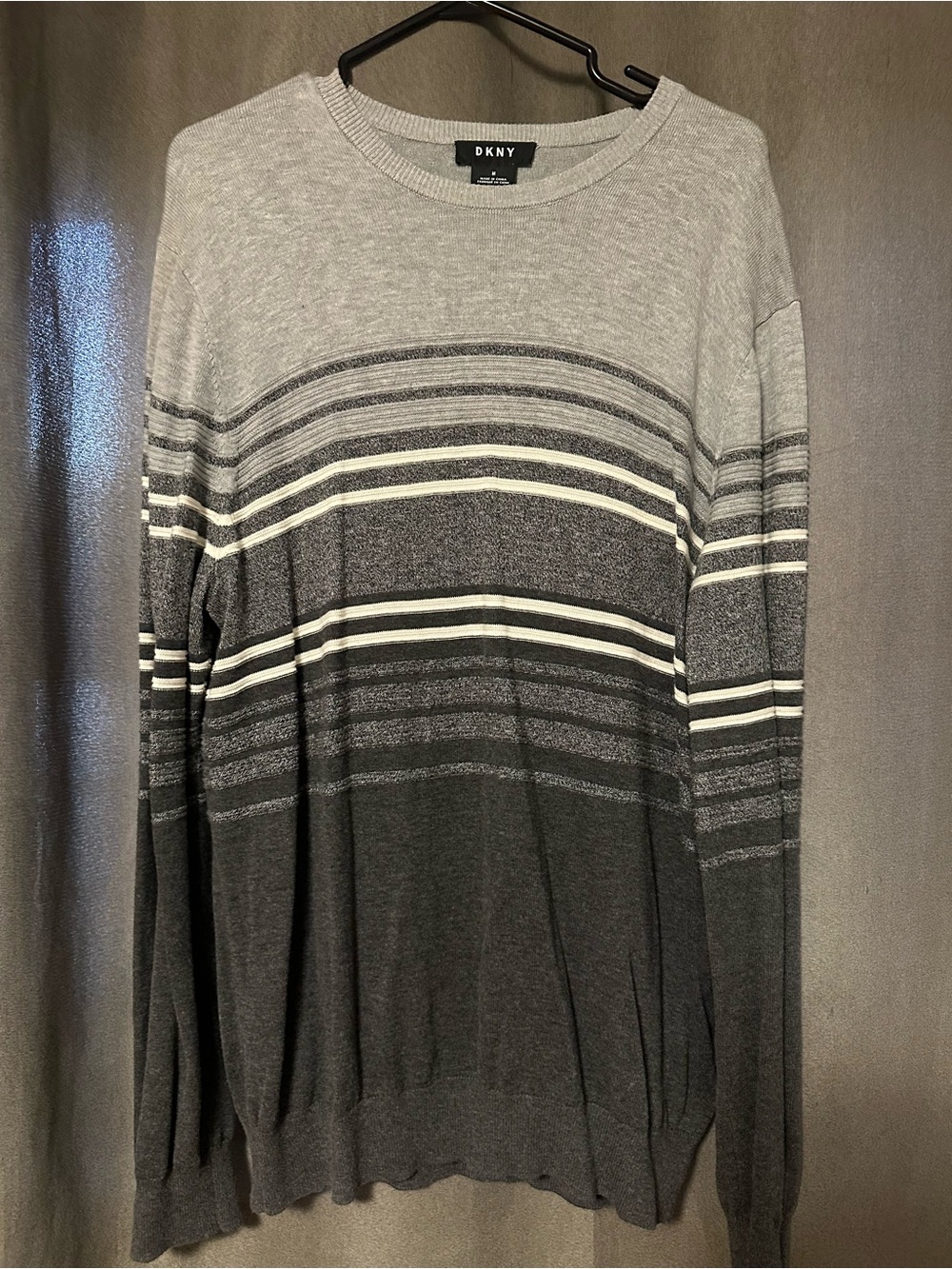DKNY Men’s Gray Ombre Crewneck Sweater with White Stripe Accents